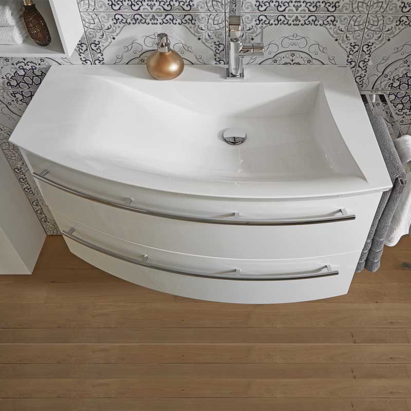 Laguna Wings Waschtischunterschrank mit Waschtisch 90 cm | Polarweiß Hochglanz | Links | Stone-Plus Mineralguss