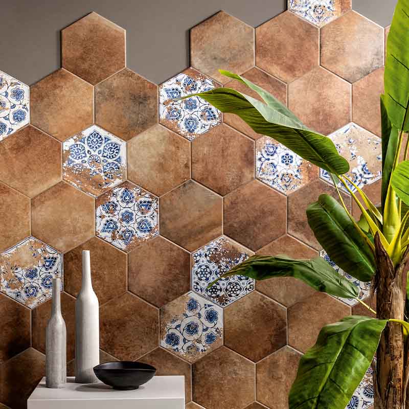 Cotto Bodenfliese Etrusche Decoro Esagonetta 22 x 25 cm