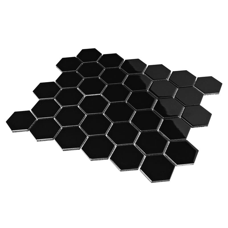 Hexagon Sechseck Mosaikfliesen 5,1 x 5,9 cm Schwarz Glänzend